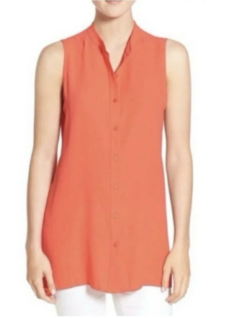 Eileen Fisher Orange Silk Sleeveless Button Down Tunic Top